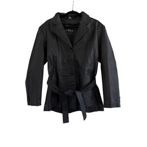B.M.M. Belted Leather Trench Coat Womens Large Black Vintage Edgy Grunge Chic